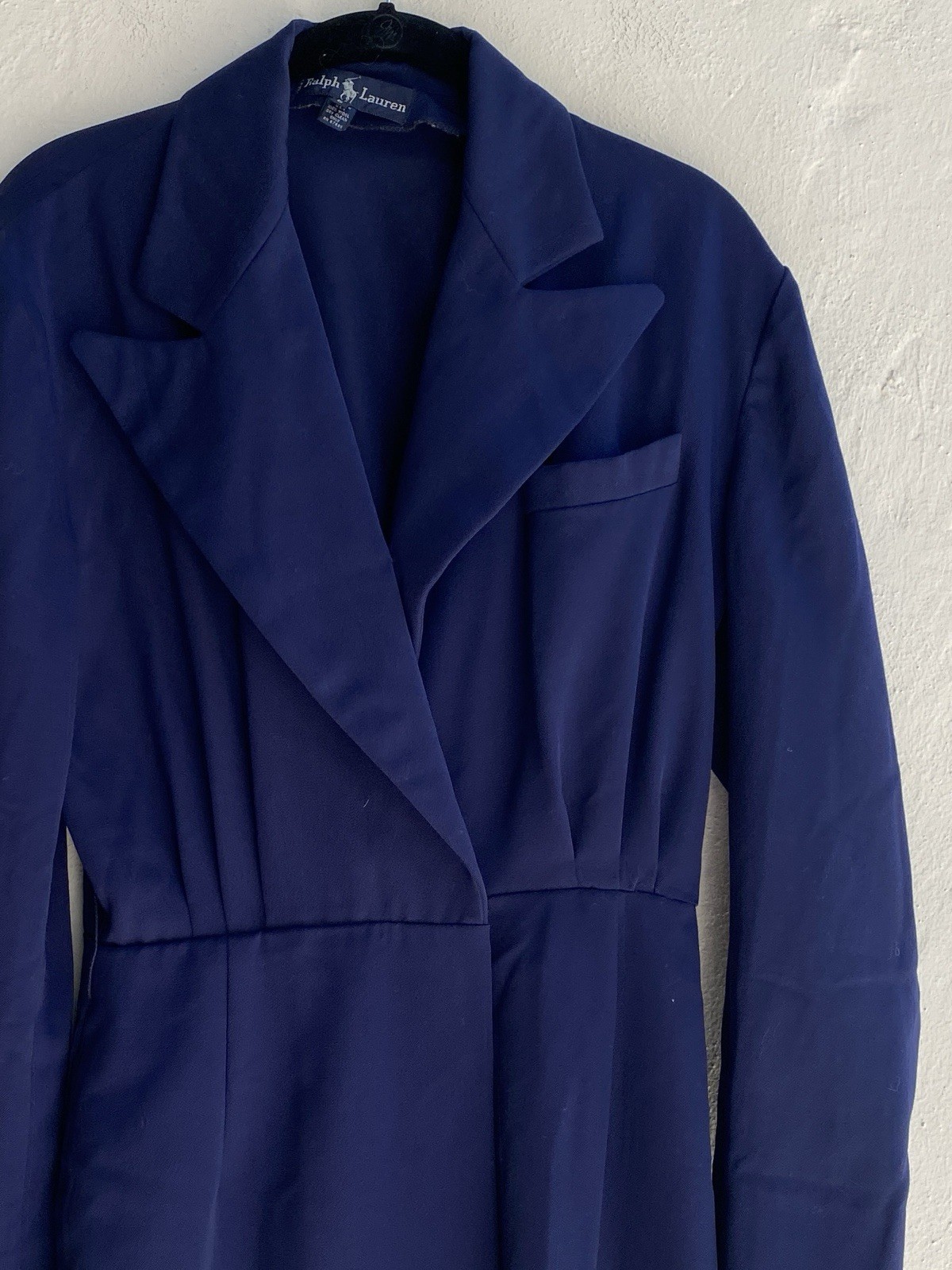 Vintage Ralph Lauren 6 100% Wool Tuxedo Jacket Wrap Dress Blue Midi