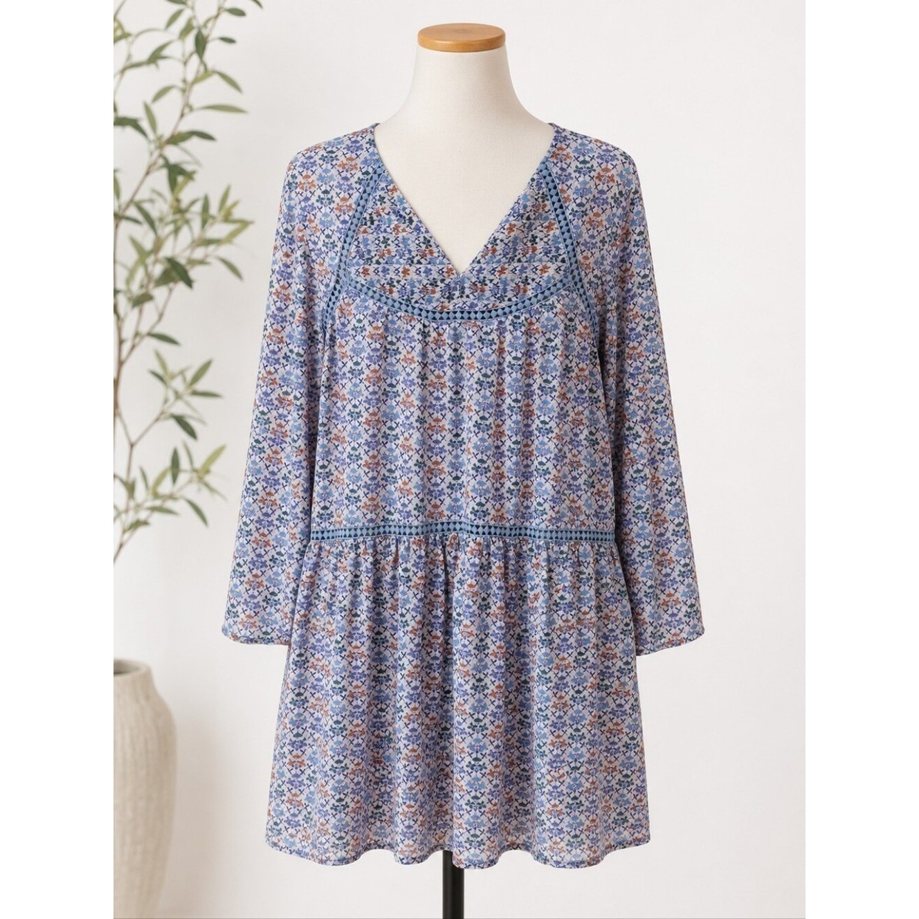 Holding Horses Anthropologie Betony Floral Swing Dress Women 12 Boho Blue Orange