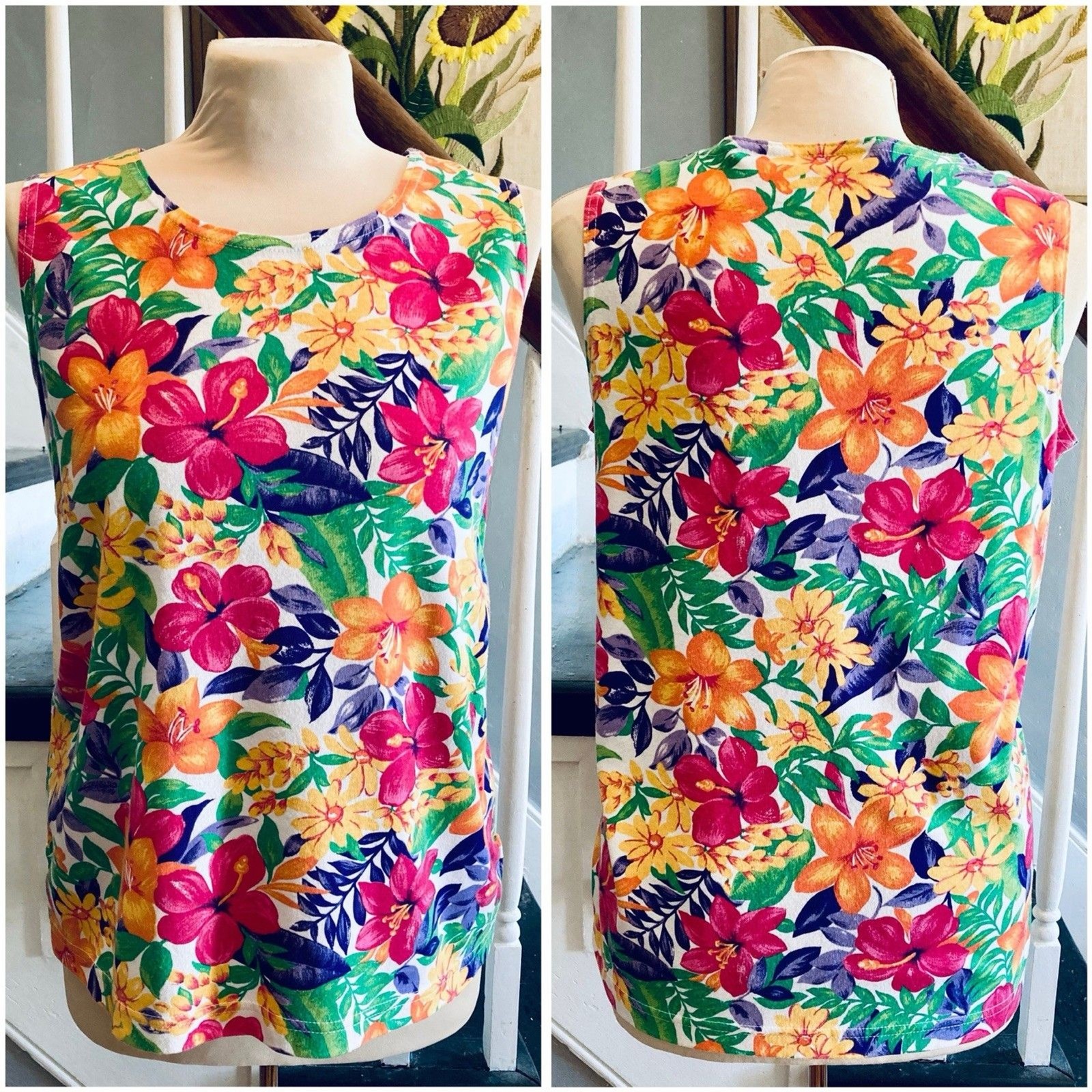 1990s Cotton Blend Jersey Tank Tee Hawaiian Tropical Print Vacation Cruise Mom