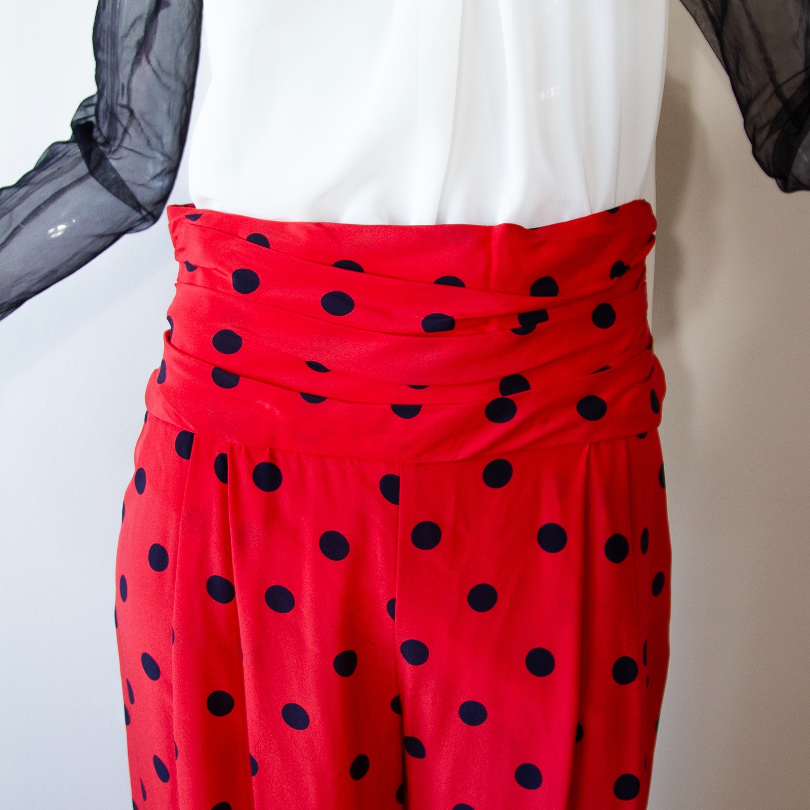 Vintage Dior Red Silk Black Polka Dot Wide Trousers NWT UK 8-10/US 4-6