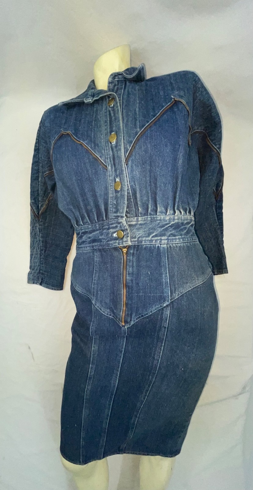 VTG 80S RETRO WOMENS 7/8 S DARK DENIM JEAN ZIPPER TRIM NEW WAVE BUTTON ZIP DRESS