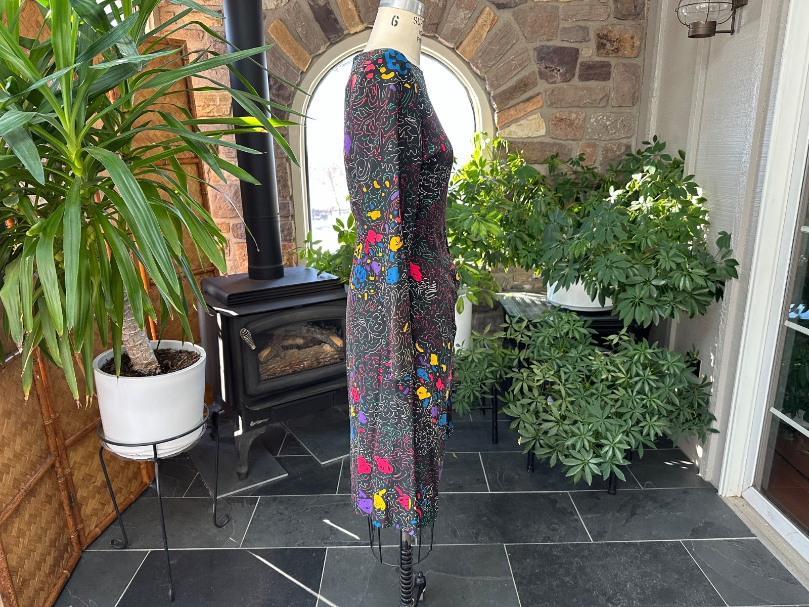 Vintage 1990s Black and Primary Color Abstract Silk Sarong Style Dress Nora Noh