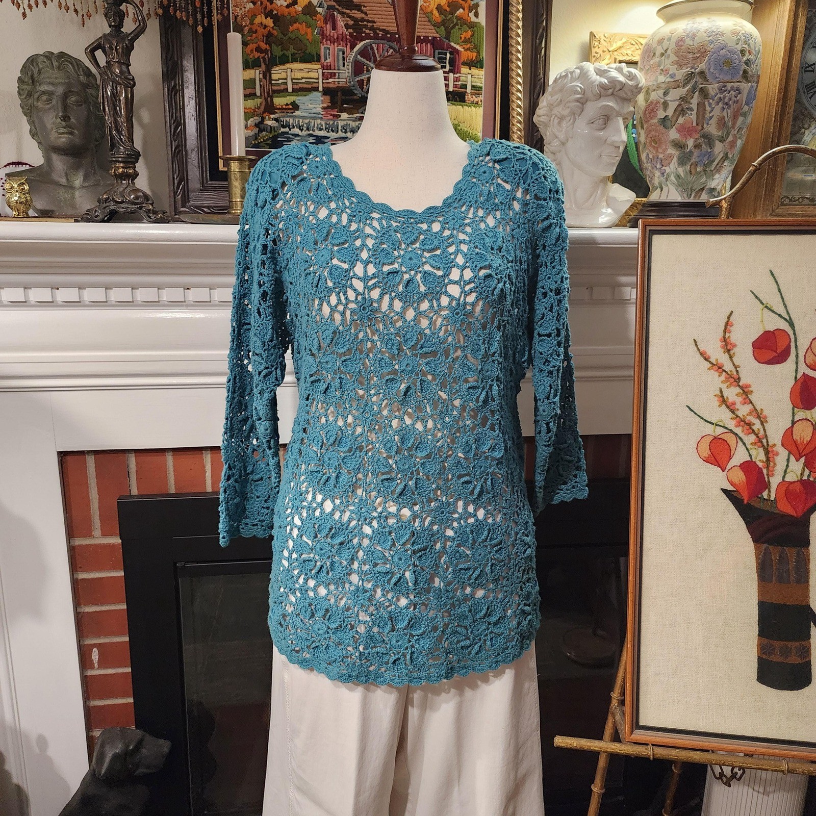 Forenza Vintage 80s Teal Crochet Tunic Lacy Openwork Floral Top Womens Medium