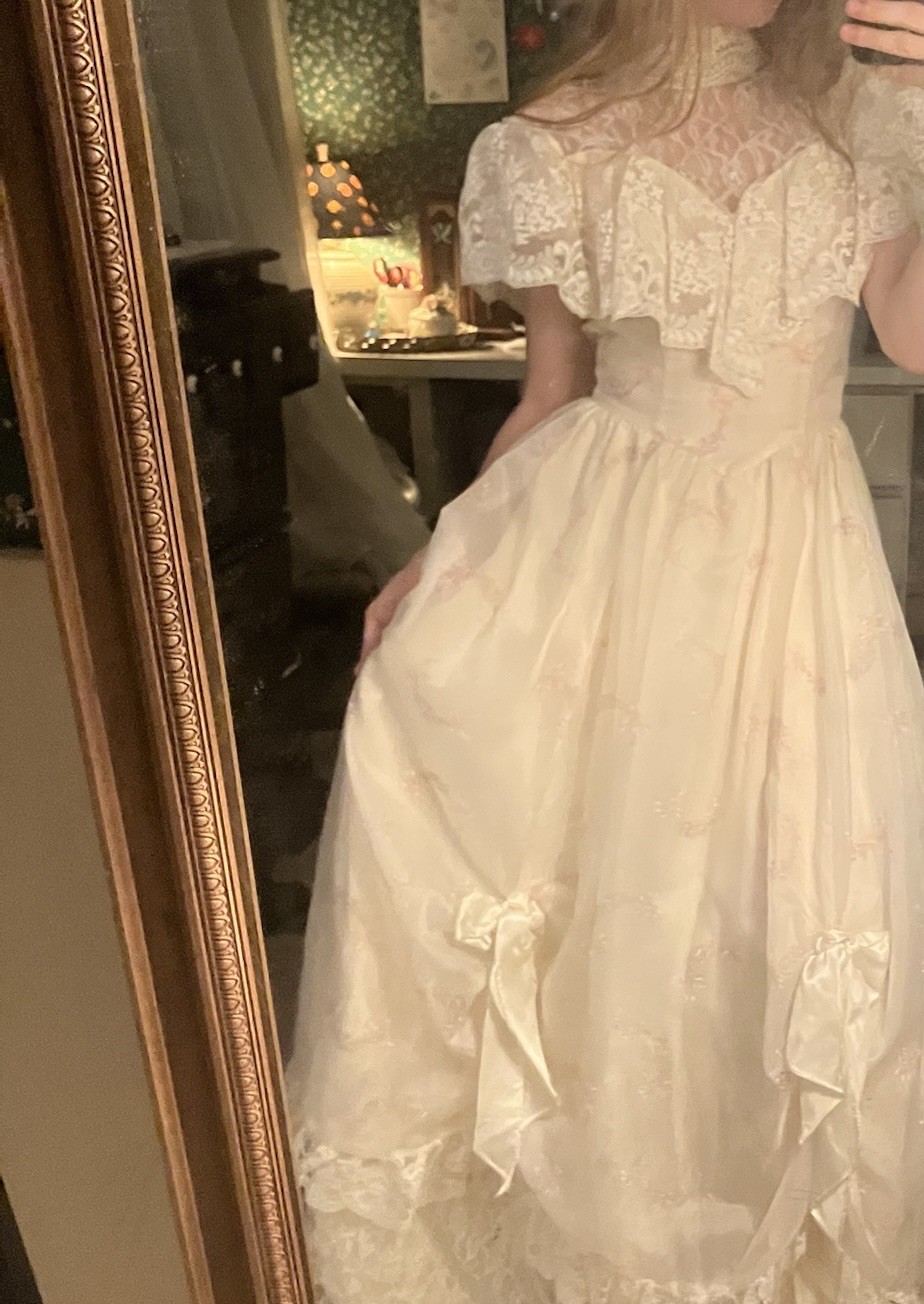 VTG Gunne Sax Wedding Dress Prairie Bows Ivory Lace Victorian Hoop Skirt Sz 5 Xs