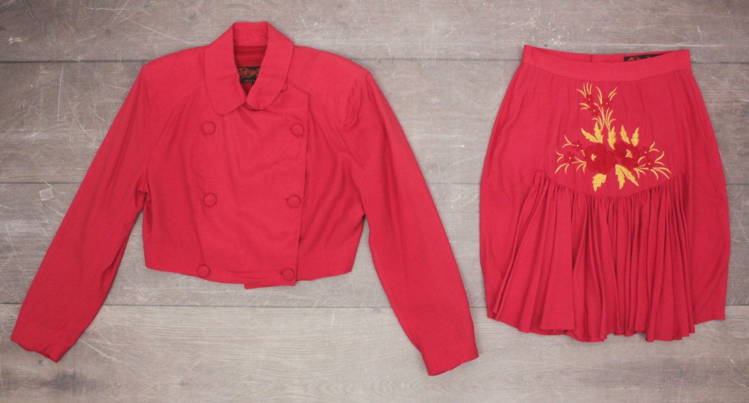 VTG Womens 90s 2 Pc Coral Red Embroidered Rayon Top & Skirt Dress Set XS/S 1990s
