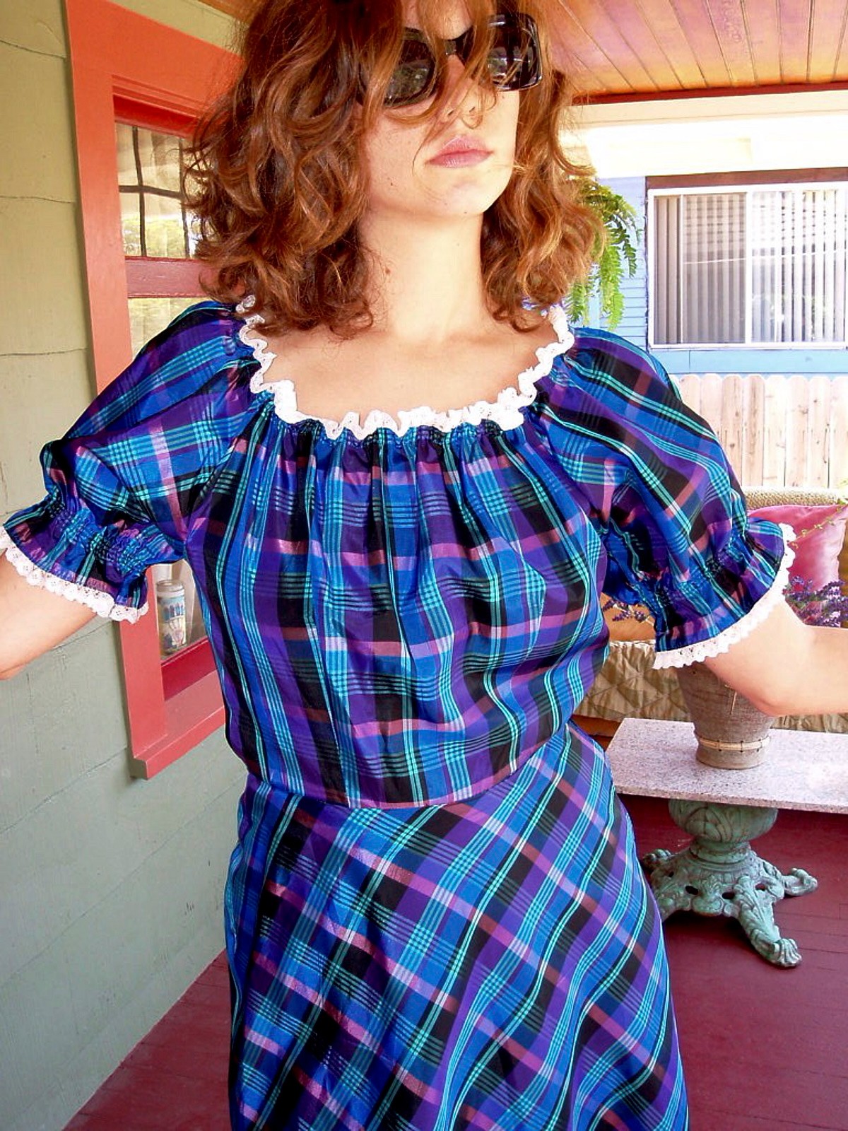 VTG 80s Steam Punk Victorian Crisp Satin Taffeta Plaid Puff SLV Swing Dress M/8