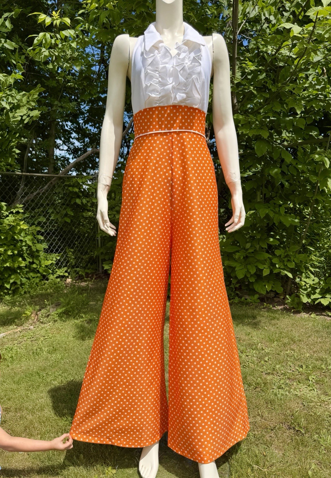 1960s 1970s BELL BOTTOM JUMPSUIT Vintage Romper Polka Dot Tuxedo Halter White