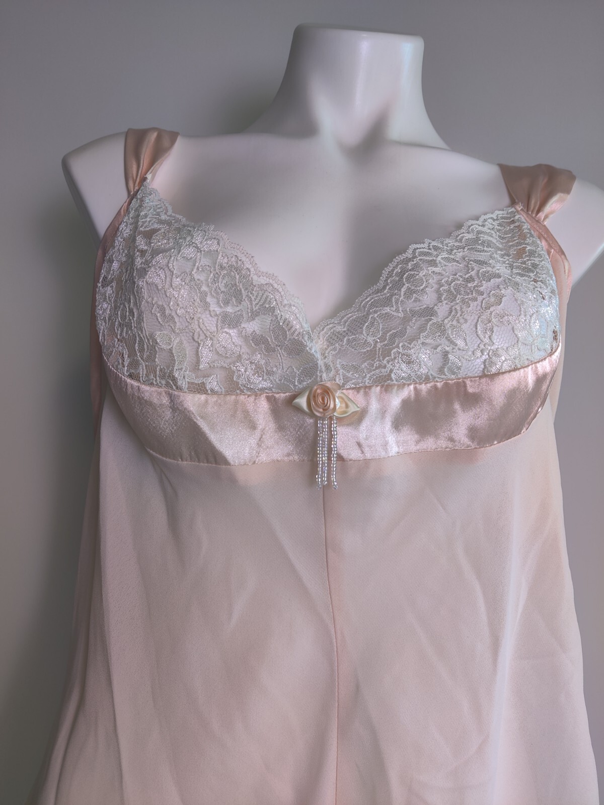 Vintage Peachy Pink Lace Chiffon Teddy Bodysuit Romper Size 2X Snap Bottom EVC