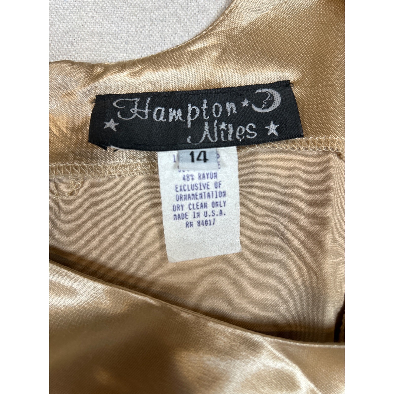 Hampton Nites Vintage Champagne Gold Satin Sheath Dress Womens 14 Formal USA