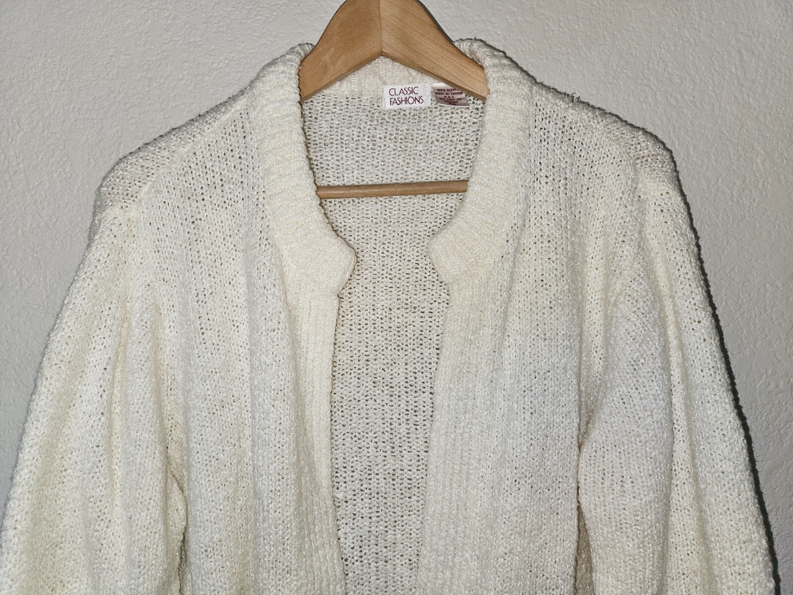 Vintage Classic Fashions Nubby Open Cardigan Size 46 US 16 XL Ivory Taiwan