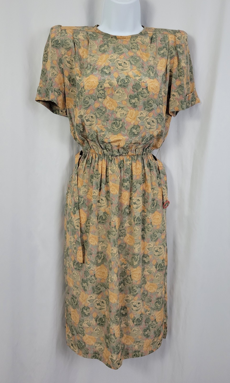 Vintage Taurus II Muted Green & Gold Floral Blouson Dress w Belt Size 4