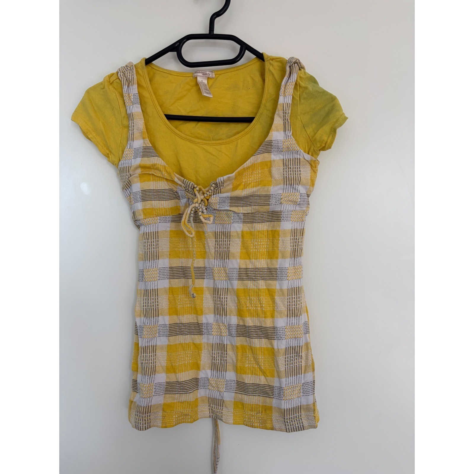 Ambiance Apparel Vintage Y2K Milkmaid Babydoll Plaid Layered Top Yellow Small