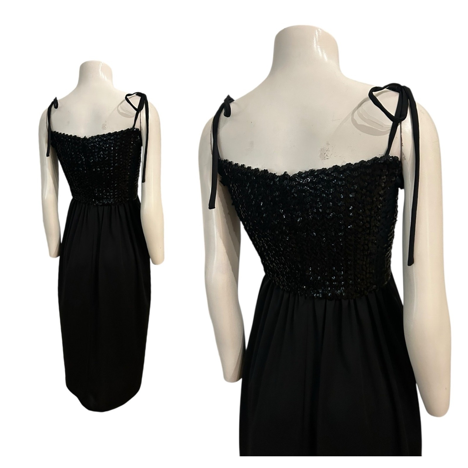 Vintage 1970s Black Strappy Sequin Disco Maxi Dress / Women’s S/M ^