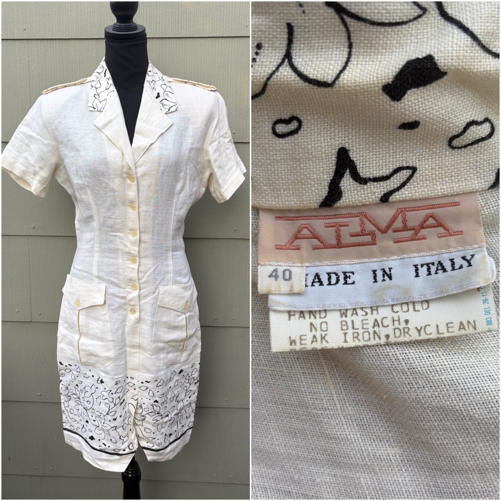vintage ALMA 70s 80s Italian Linen Floral Summer Career Cocktail Wiggle Dress