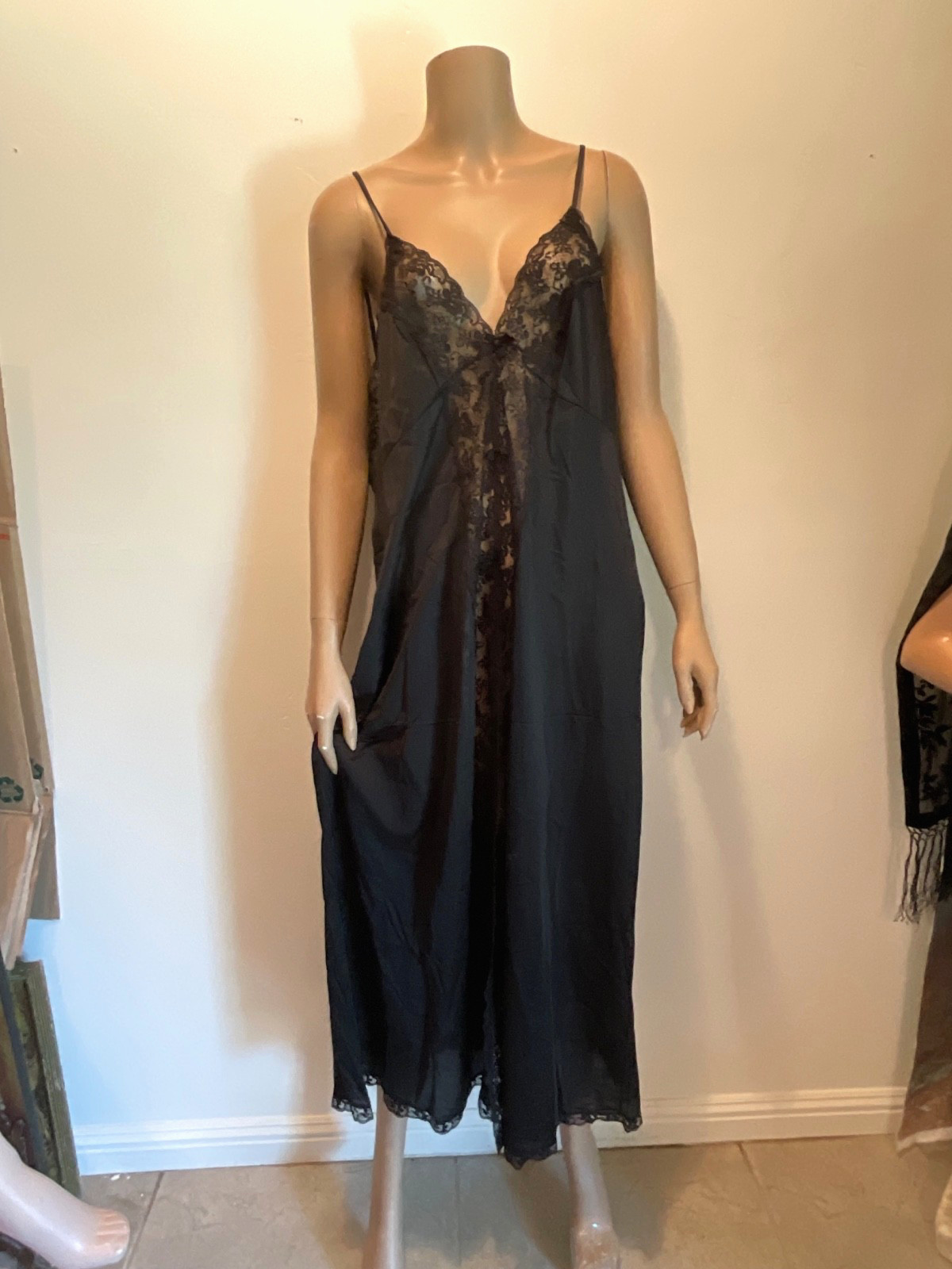 Vintage Black Silky Nylon & Lace Nightgown
