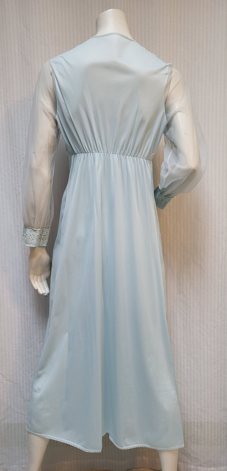 Vintage Blue Nylon Deep V Lace Trim Chiffon Sleeves Nightgown – Size 36