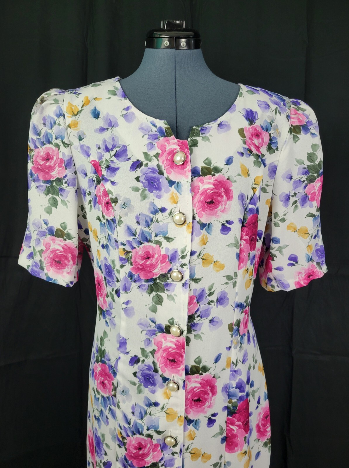 Vtg Caroline Wells White Floral Princess Seamed Shift Dress w Buttons Size 14