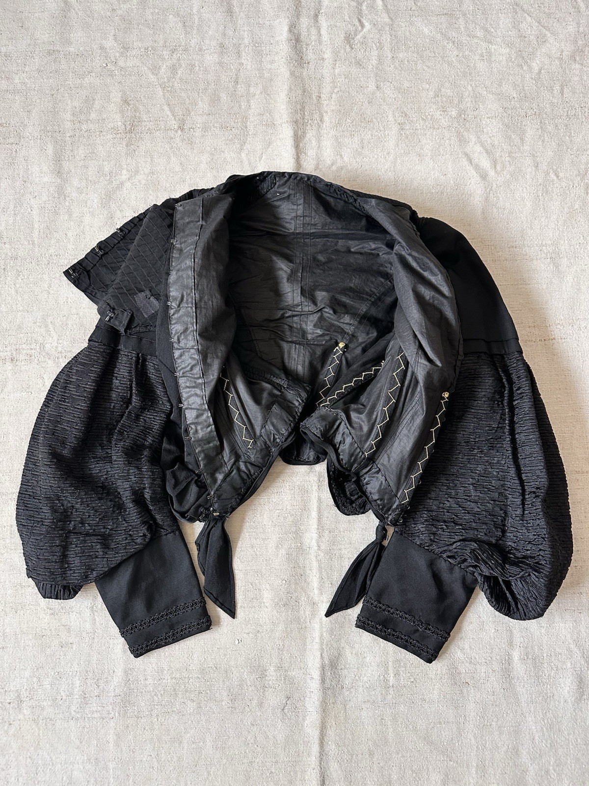 1870s Antique Blouse Jacket Black Silk Mourning Puff Sleeve Corset Top Womens XS