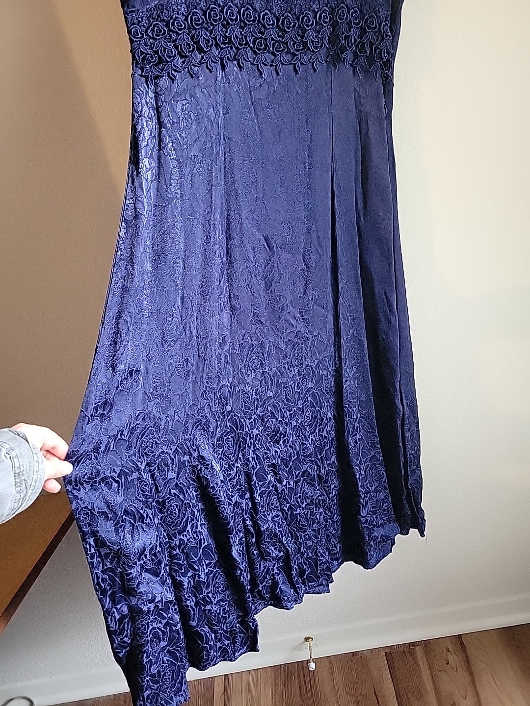 Vtg Frederick Of Hollywood By Jody Cold Rayon Rose Dress 11/12 USA Made Navy Blu