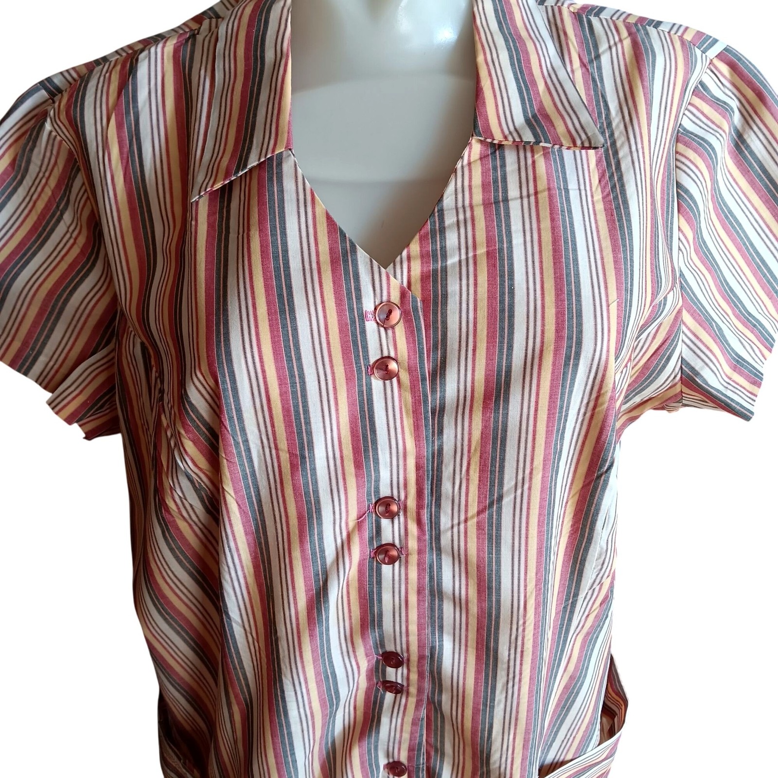 True Vintage House Dress Large Handmade 1970’s 18 Striped Chore Pockets USA