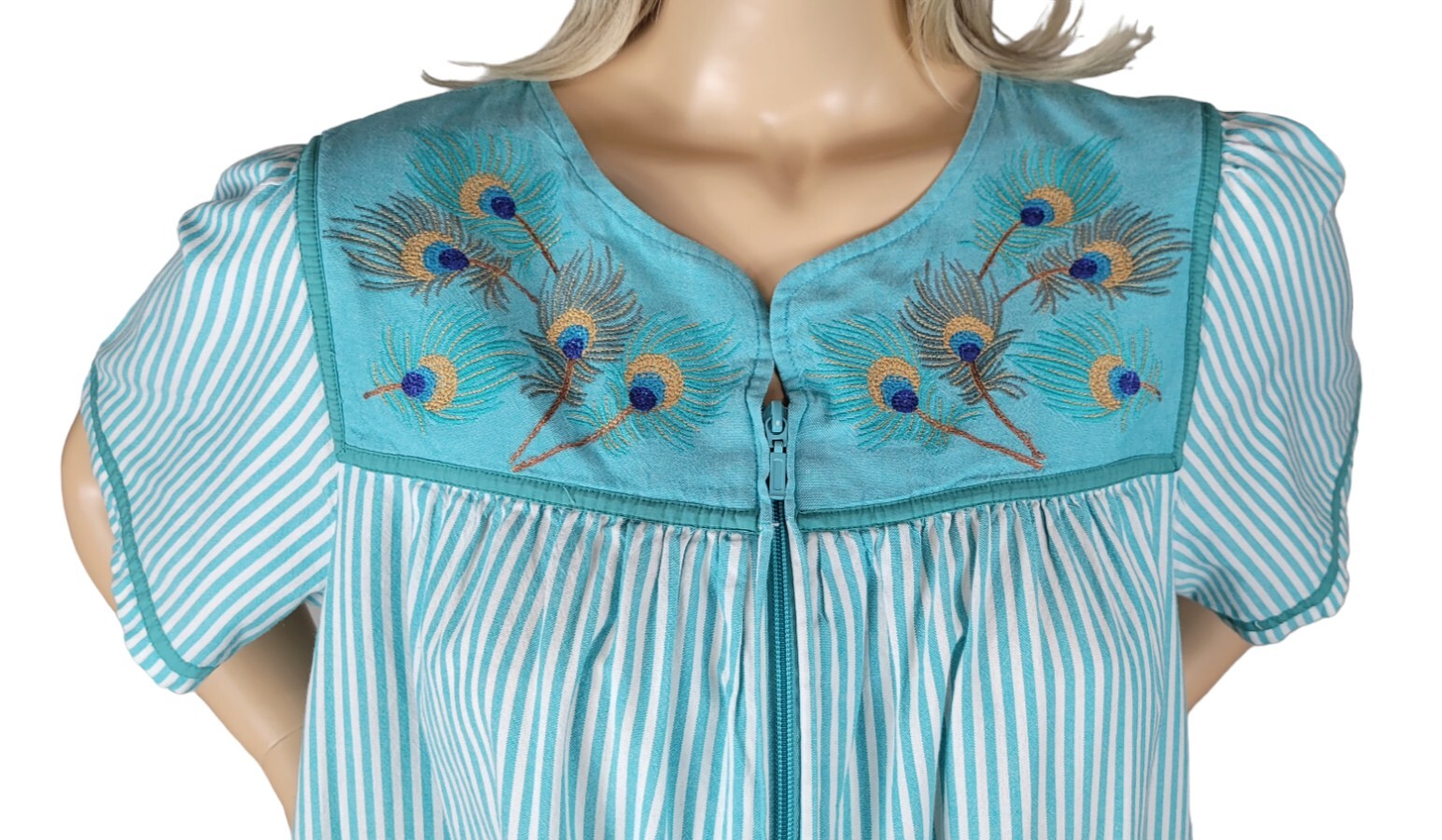 Vintage Go Softly Patio House Dress Stripes & Peacock Feathers Full Zip Boho XL
