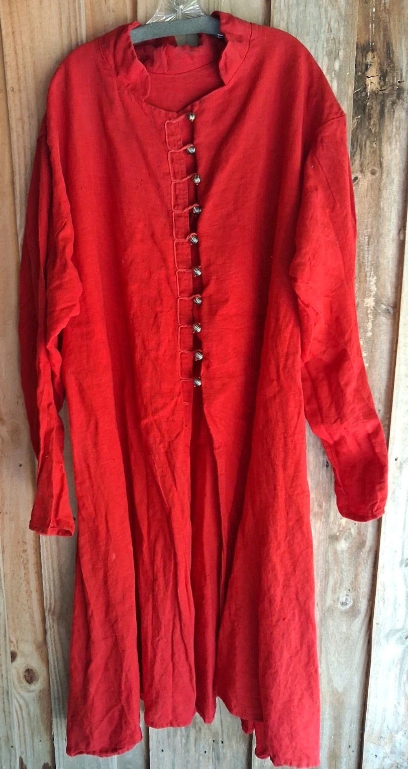 Renaissance Festival Heavy Red Linen Long Cloak Handmade XL Gold Buttons