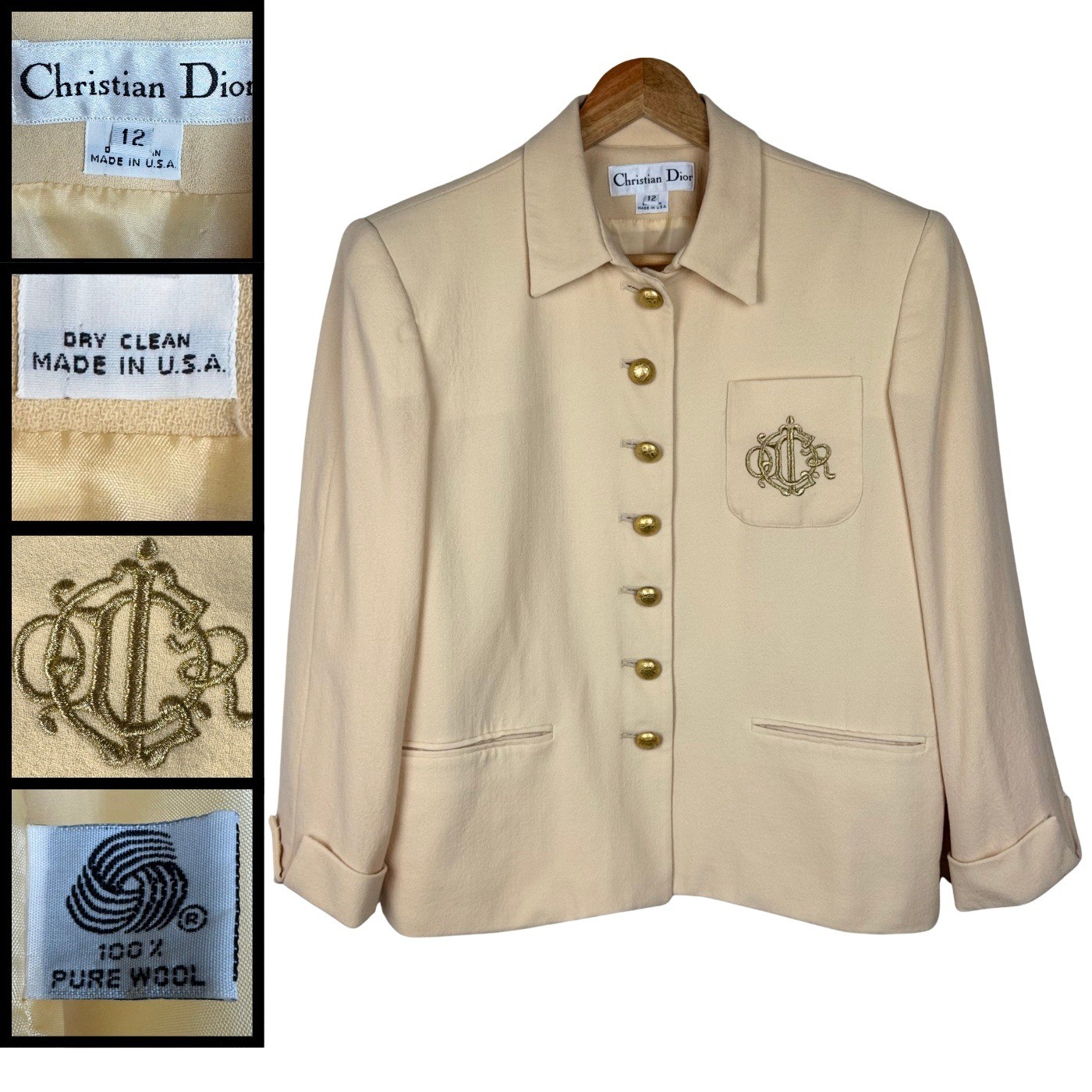 Vintage Christian Dior Blazer Wool Jacket Women 12 Cream Monogram Quiet Luxury
