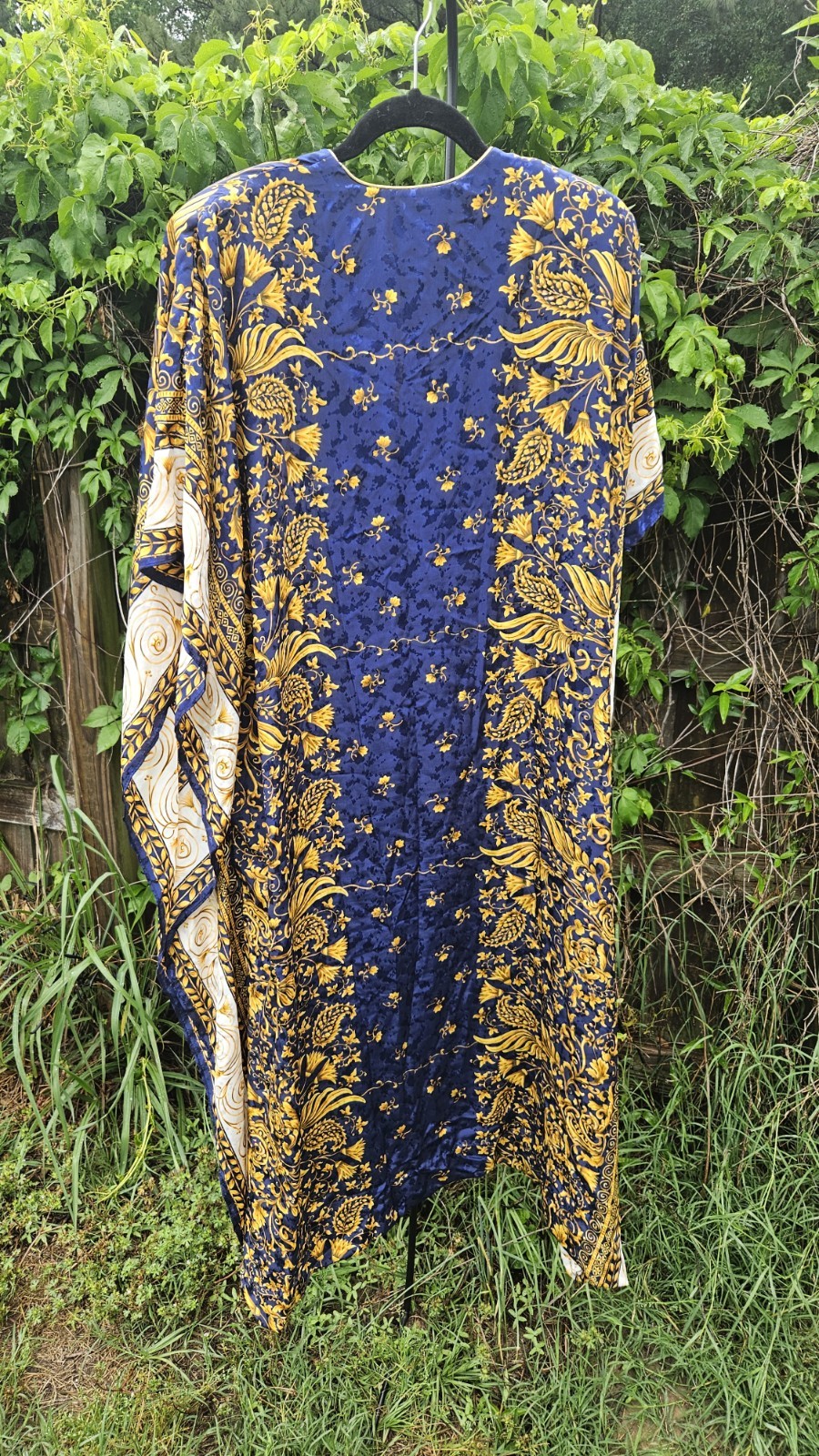Vintage 1980s Ruth Norman Blue & Gold Baroque Print Caftan Dress One Size…