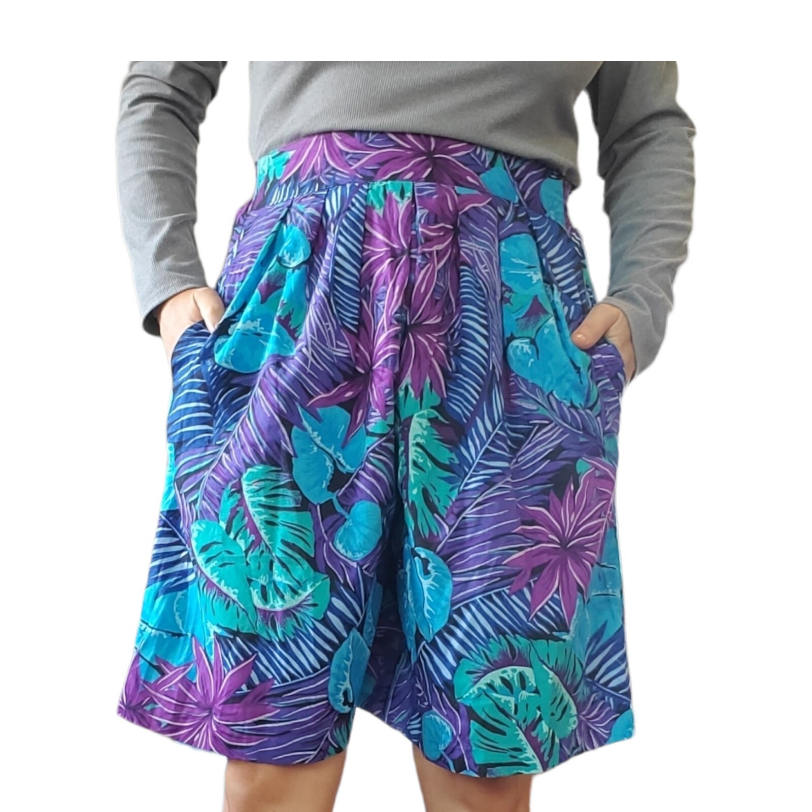 VTG Tropical Shorts Pleated Sz S Hawaiian Purple Blue Teal High Waist 80s Boho