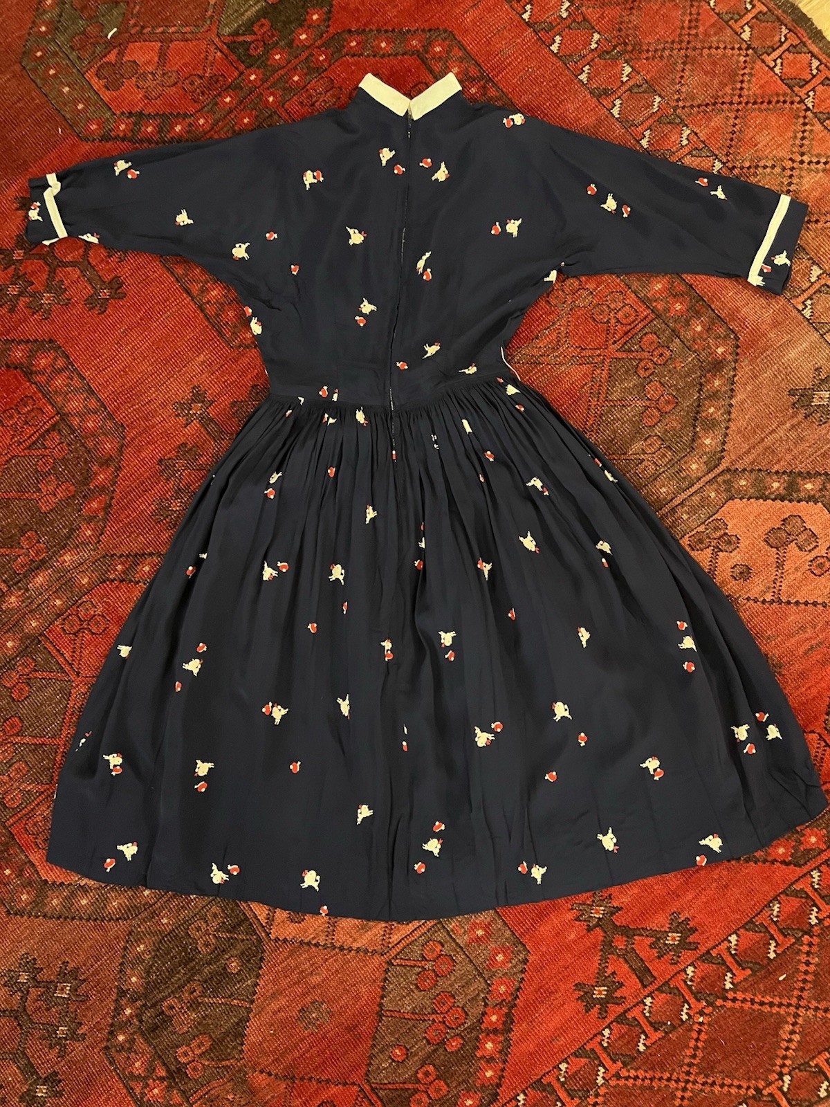 VTG 1950’s Poodle Dog Novelty Prints Blue Dress w Red Lining GOOD CONDITION S M