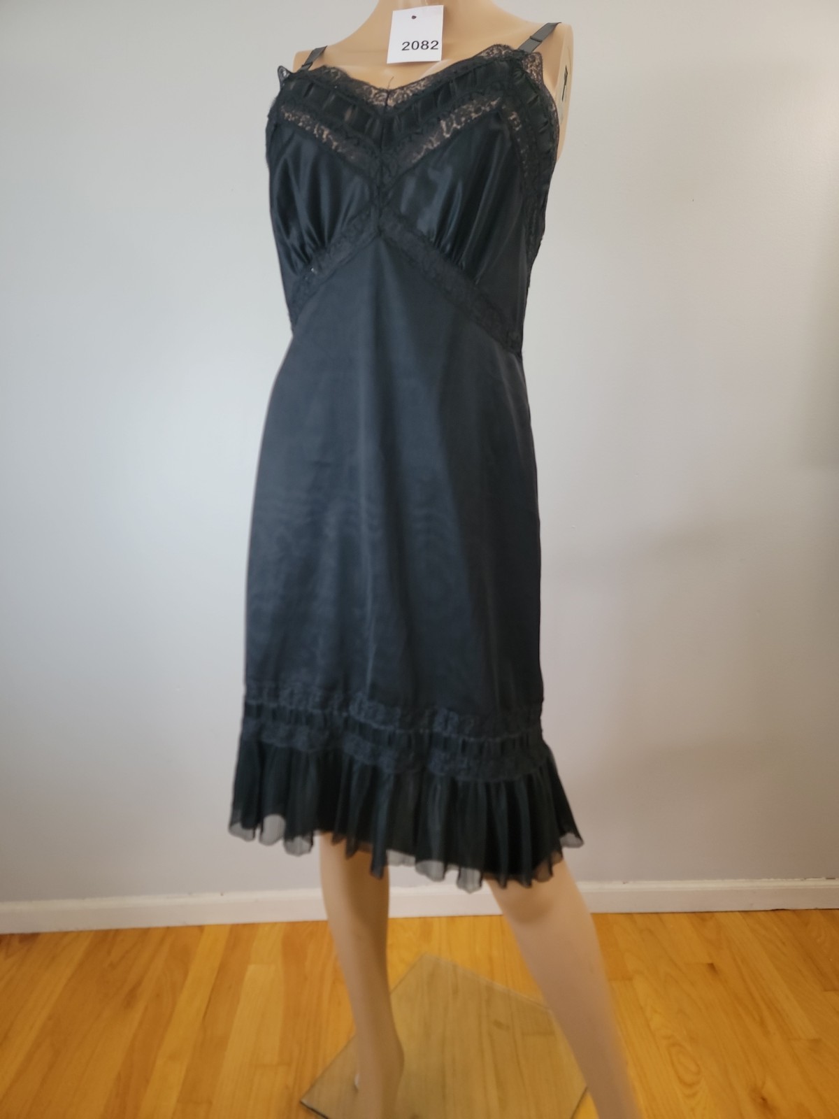 Vintage Charmode All Nylon Black Full Slip Lace/Pleated Detail Size 36
