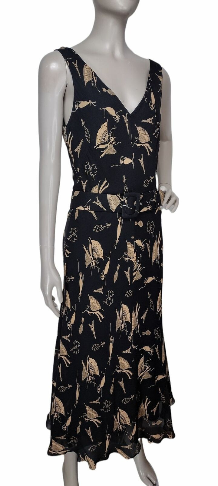 Vintage 90s 100% Silk Black Gold Paris Flamenco Dancer All Over Print Dress