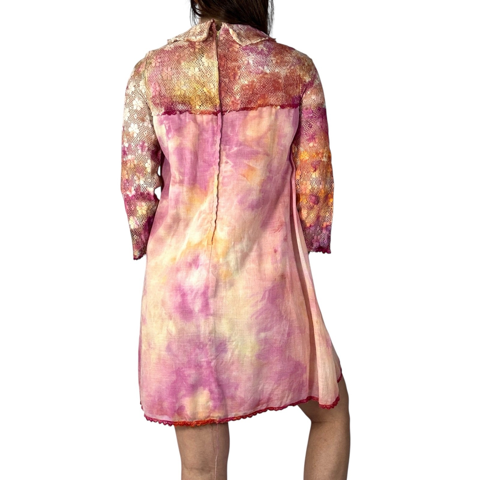 Vintage 1960s Hand Dyed Pink Orange Ice Dye Shift Dress Bell Sleeves Lace Yoke