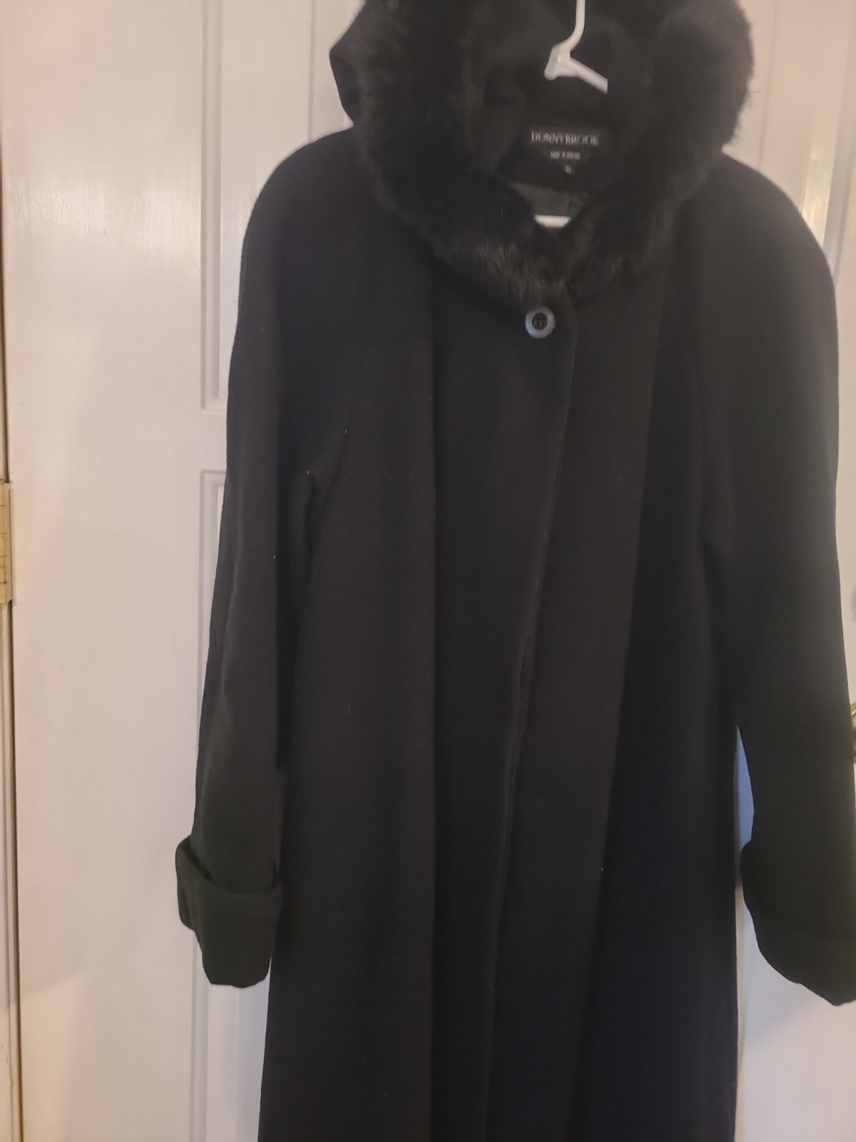VTG Donnybrook 100% Wool Black Maxi Coat Womens 16 Hood Real Fur Opera Church
