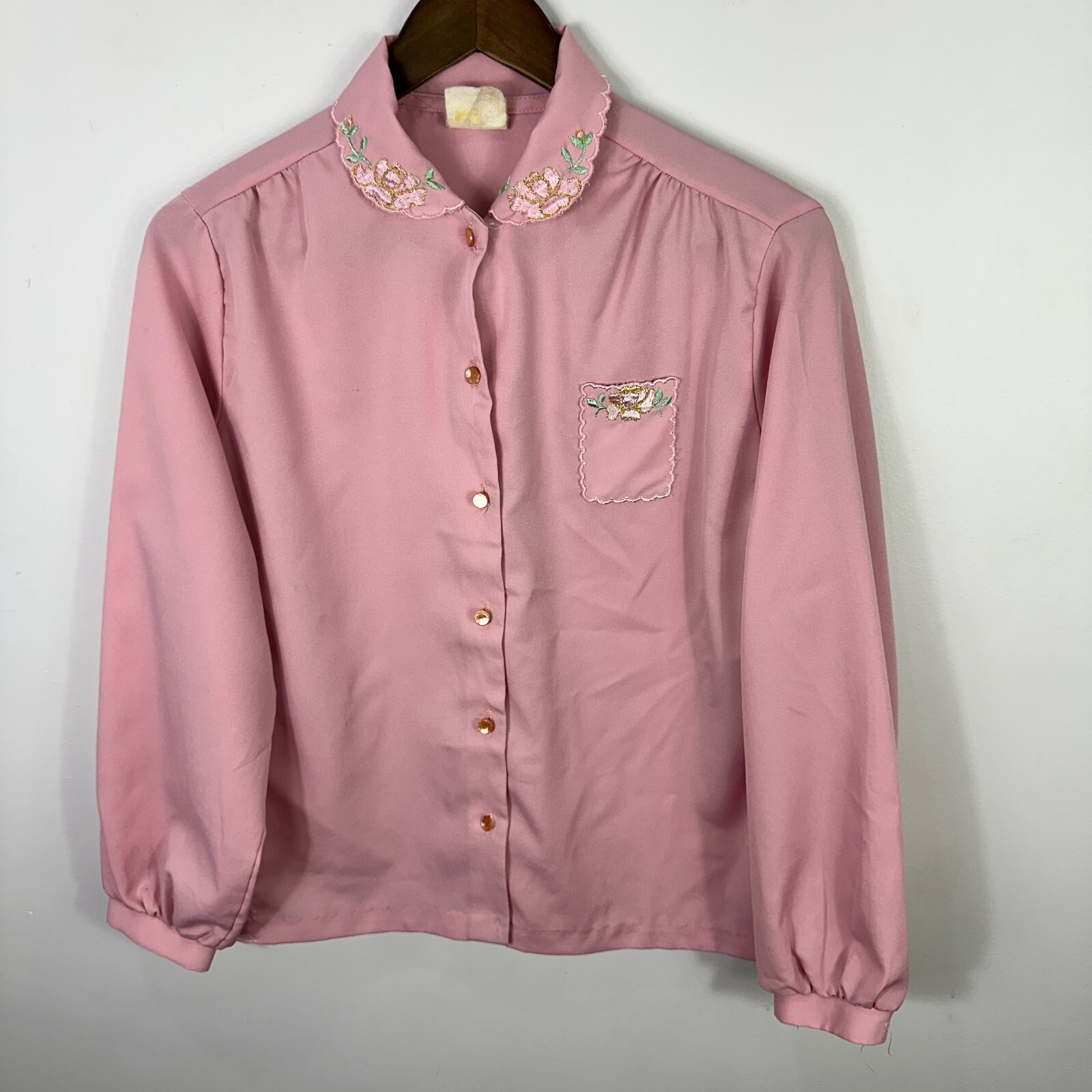 Land n Sea Blouse Womens 38 Pink Floral Embroidered Scallop Collar Vintage 70s