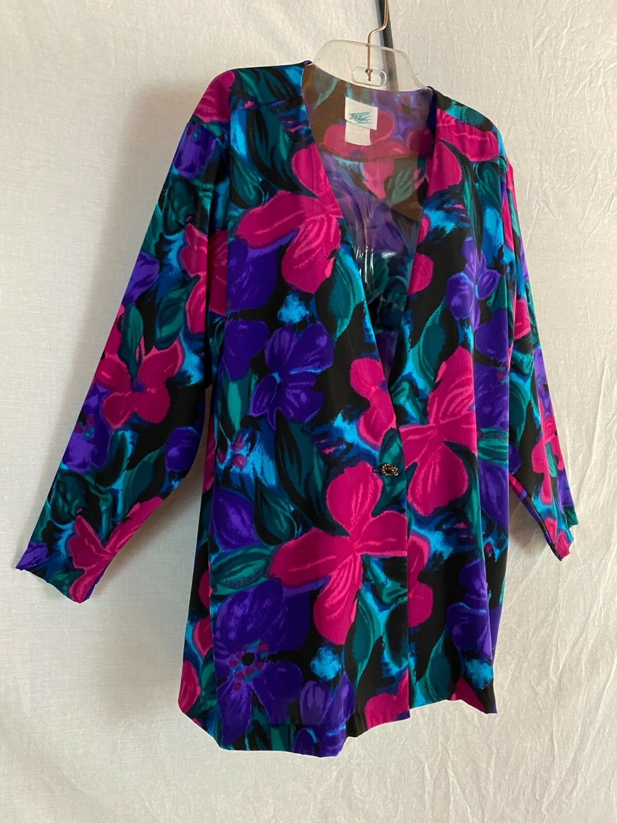 Vtg 80s S G Sport Jacket Top Floral Black Purple Magenta Blue Green Belted USA L