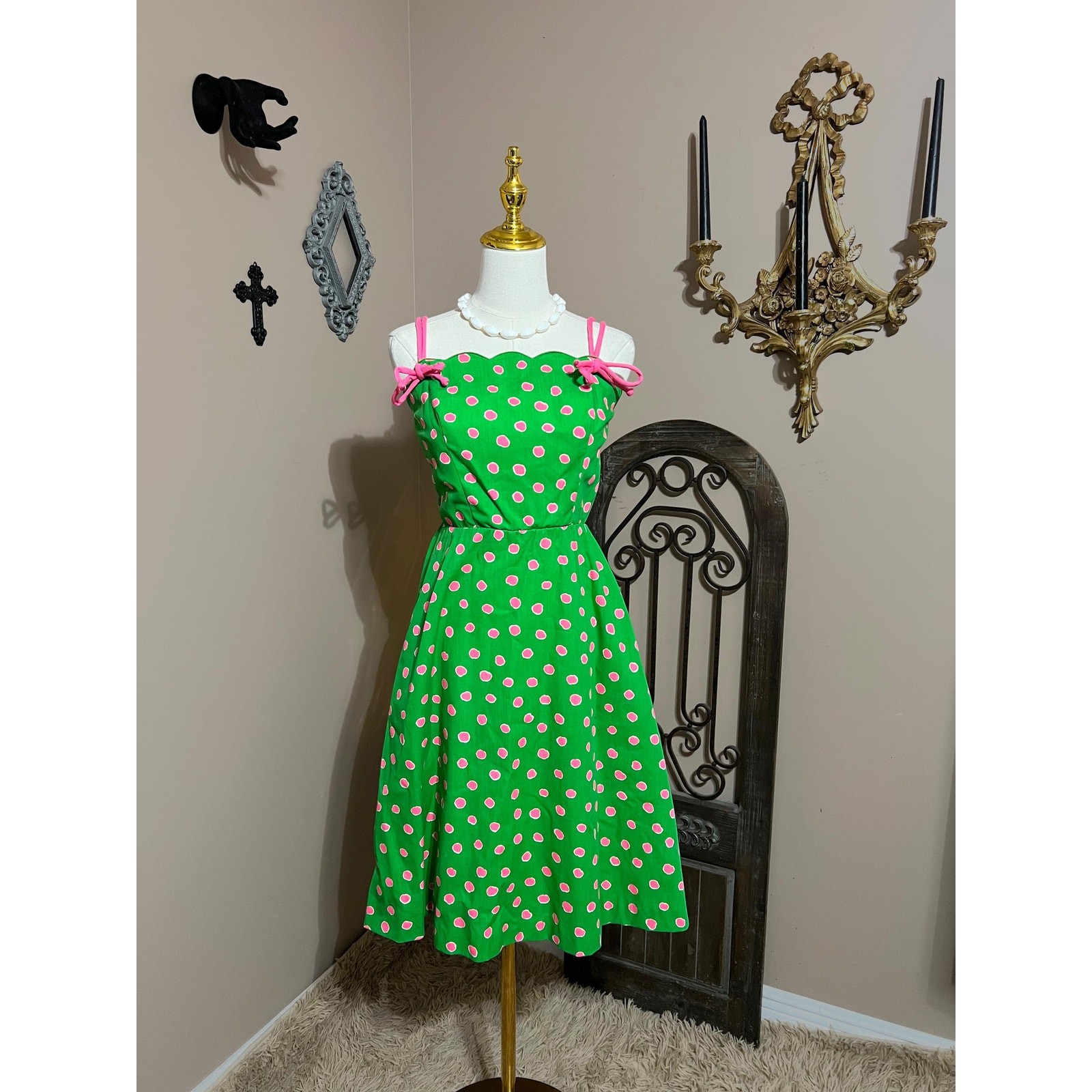 Vintage 60s 70s Green & Pink Polka Dot Tank Sundress Colorful Retro Mod Size S