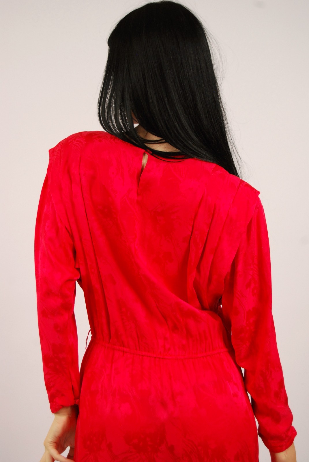 80s Blouson Dress (L) large red vintage midi silks by Nilani candy apple chic