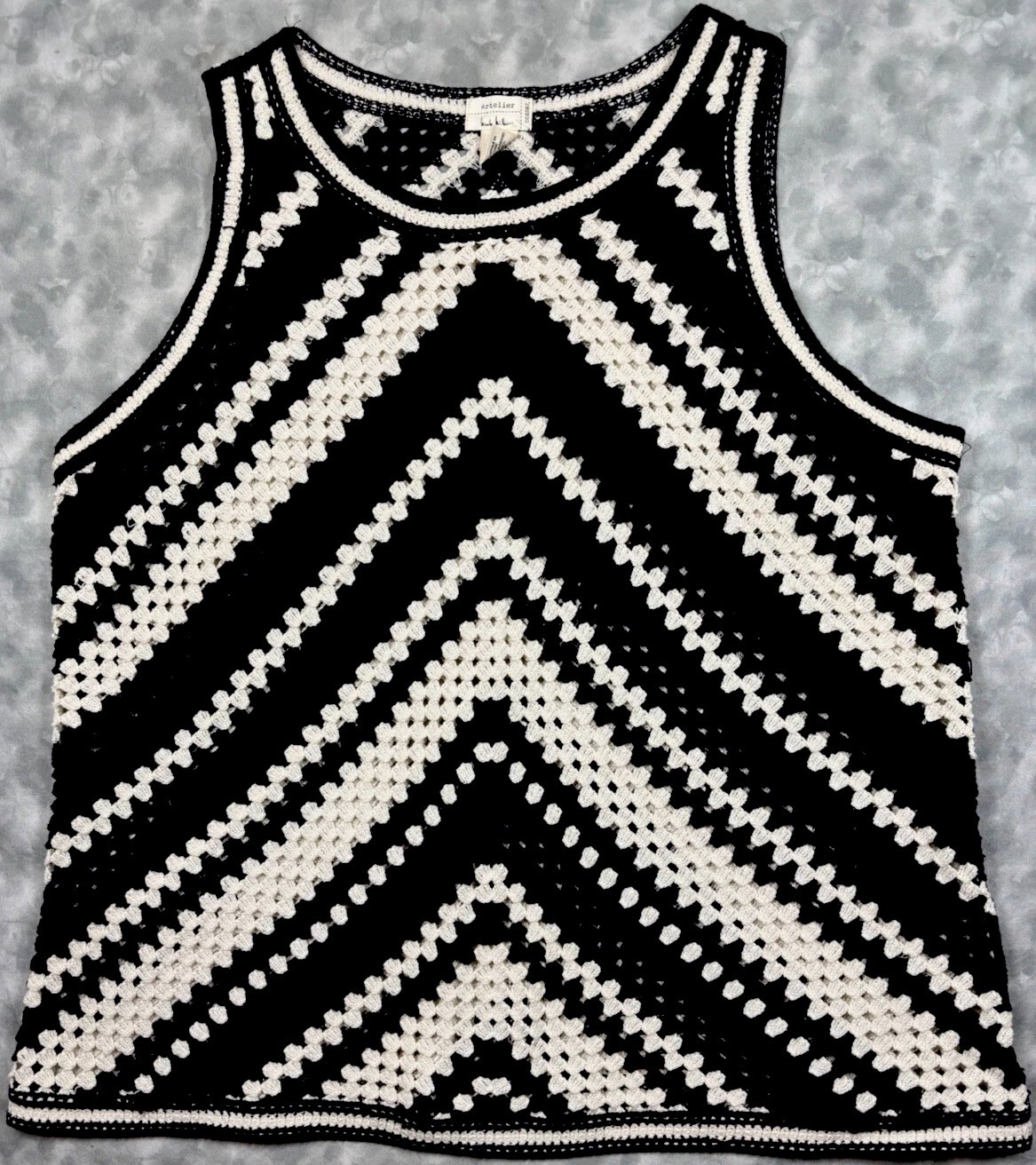 Nicole Miller Crochet Knit Tank Top 1X Chevron Boho Black Ivory