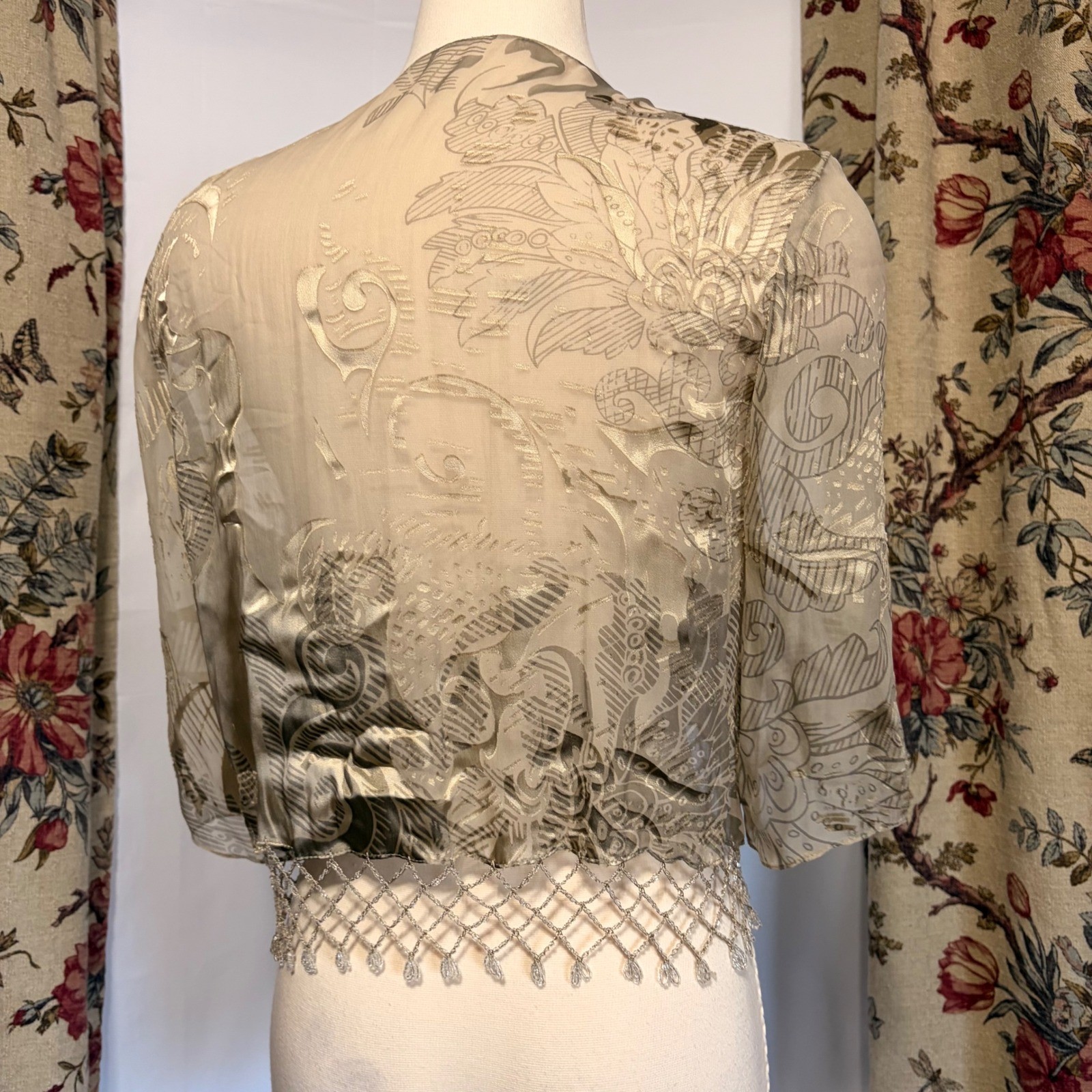 Alex Evenings Vintage Beige Floral Beaded gown with gorgeous fringe detailing