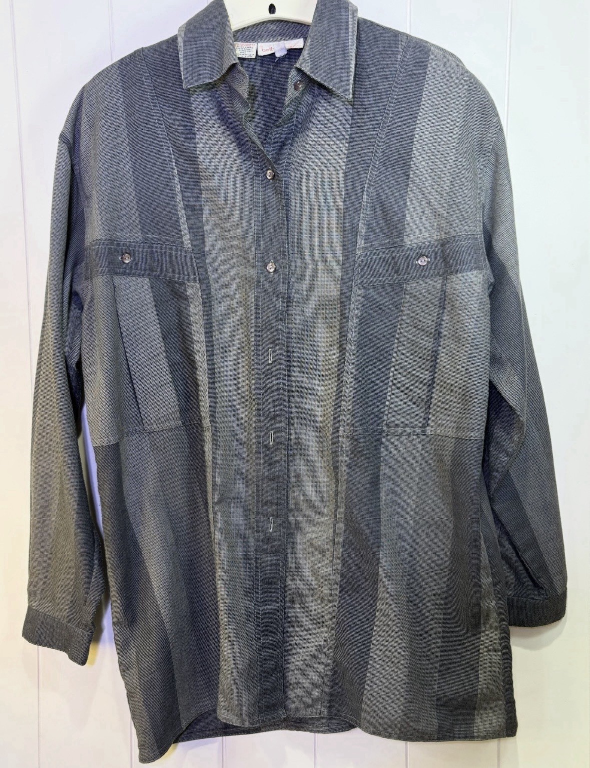 Vintage Betty Hanson Gray Stripe Button Down Long Sleeve Blouse Size 12