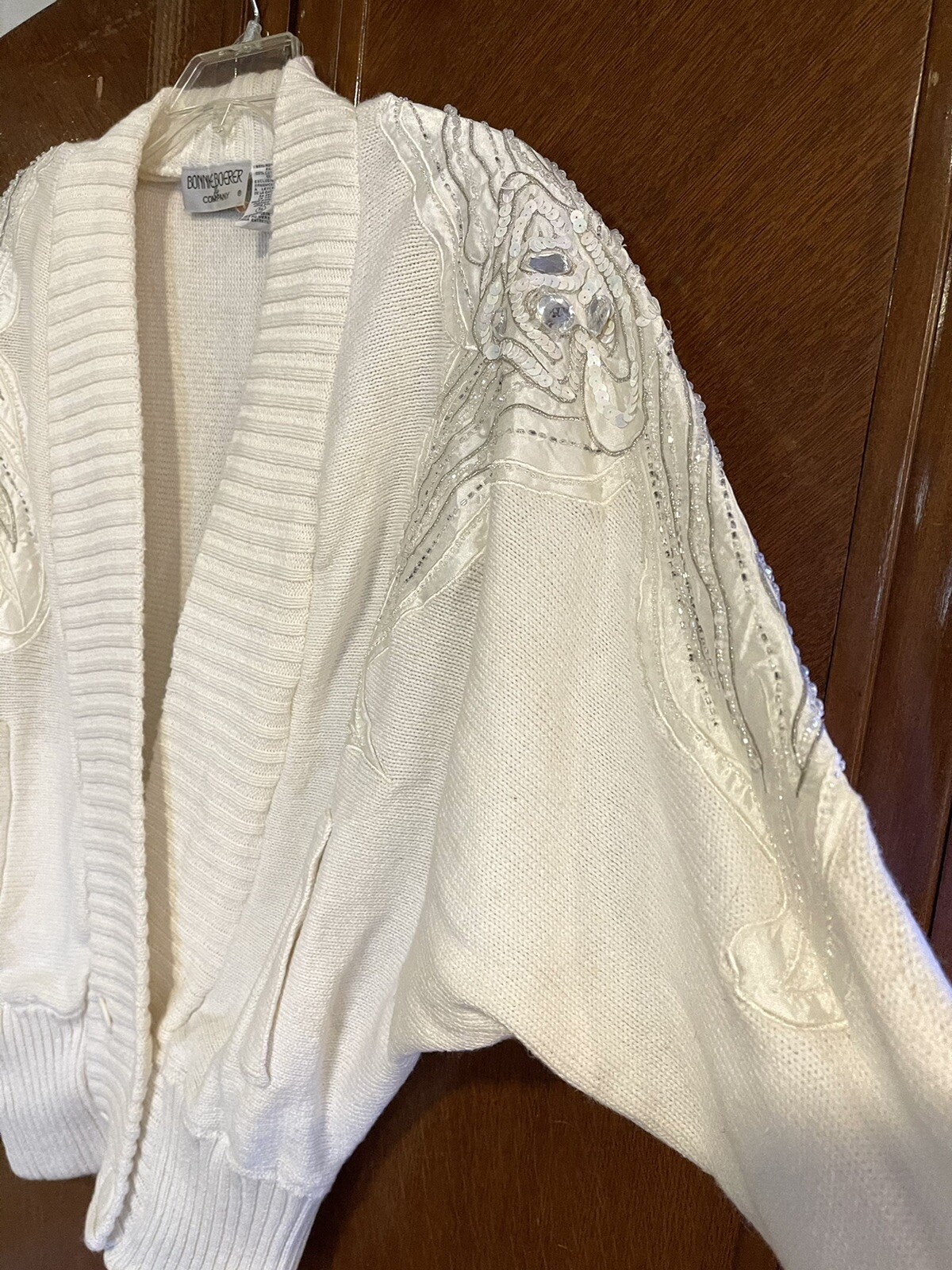 80s 90s Bonnie Boerer Beaded Cardigan Sweater Small Ivory Silver Sequins Chunky