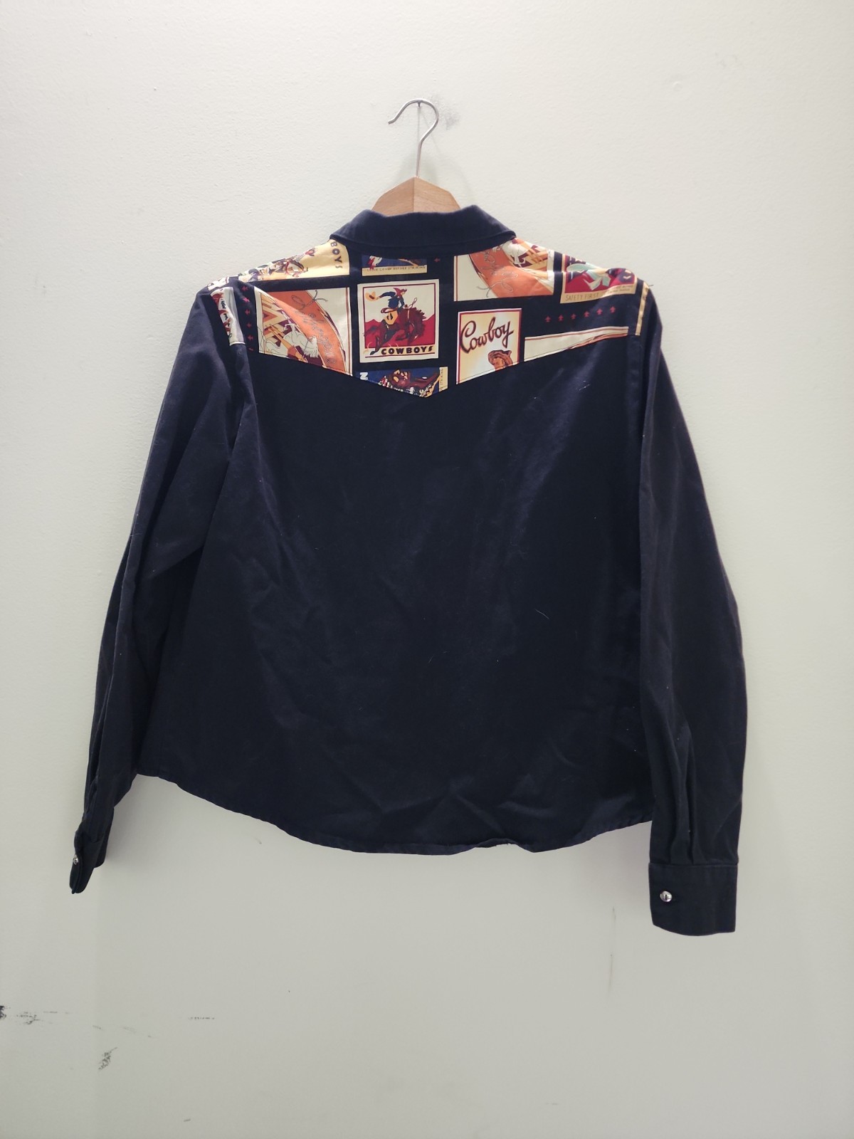 Vintage Banjo Dallas Texas Western Shirt Womens XL Black Cowboy Print Cotton USA