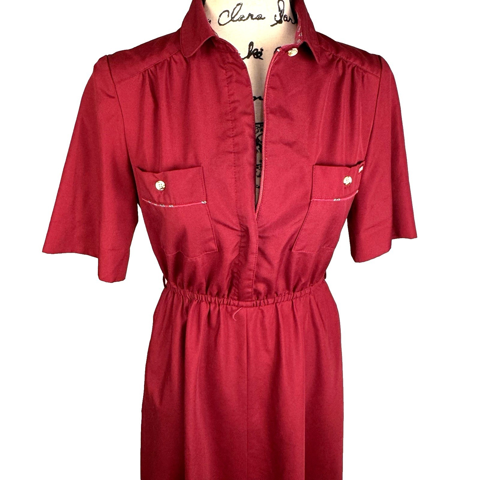 Sasson Short Sleeve Shirt Dress Vtg 70’s Maroon Paisley Trim Cotton Retro Preppy