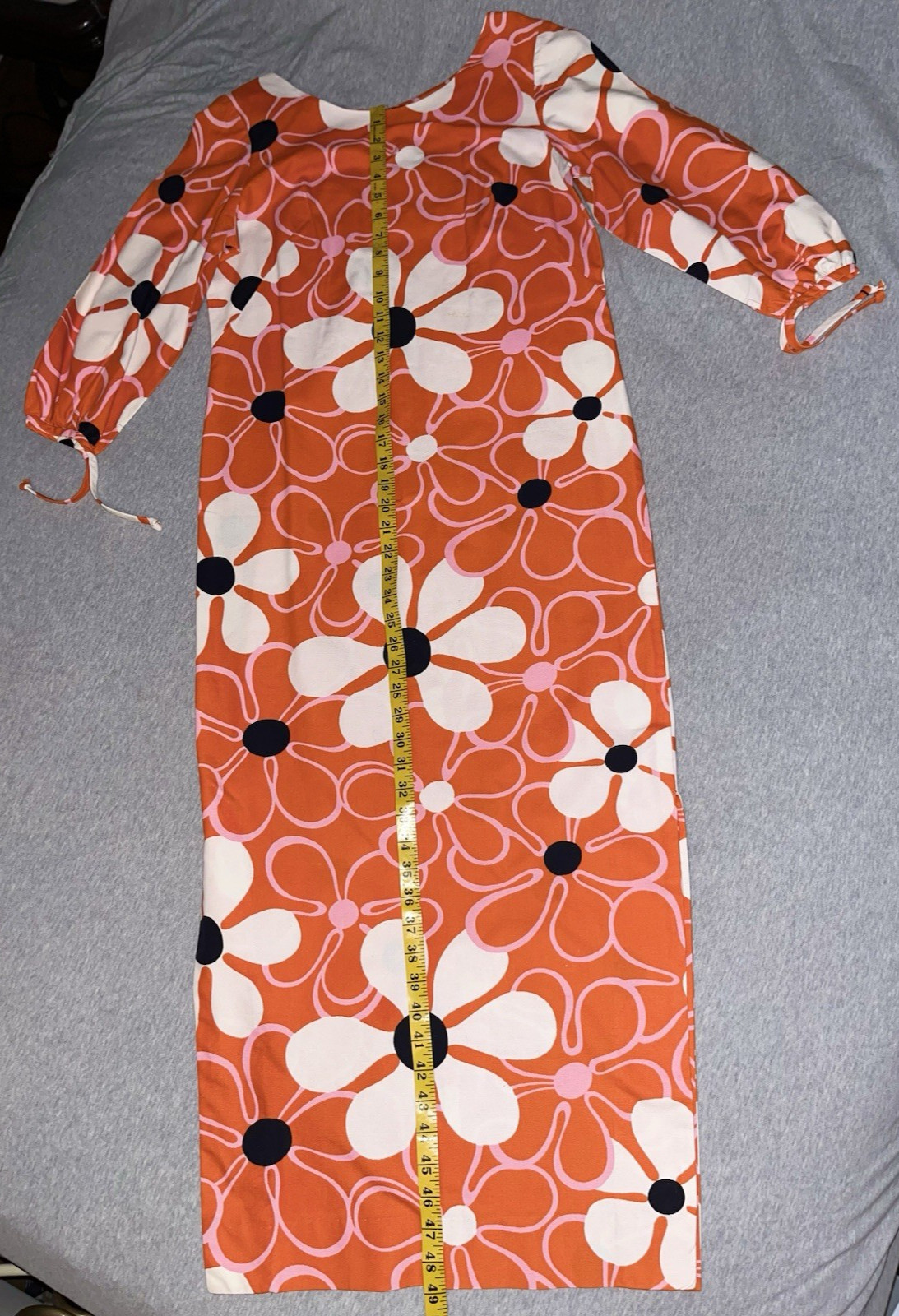 VTG Malihini Hawaiian Cotton Barkcloth Maxi Hostess Dress Orange Daises Floral