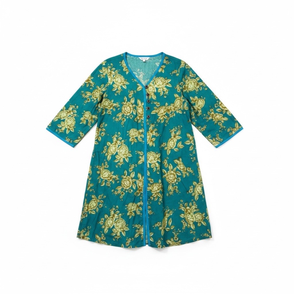 Vintage Tunic Dress Women’s Large Green Cotton Boho Ethnic Floral Hippie