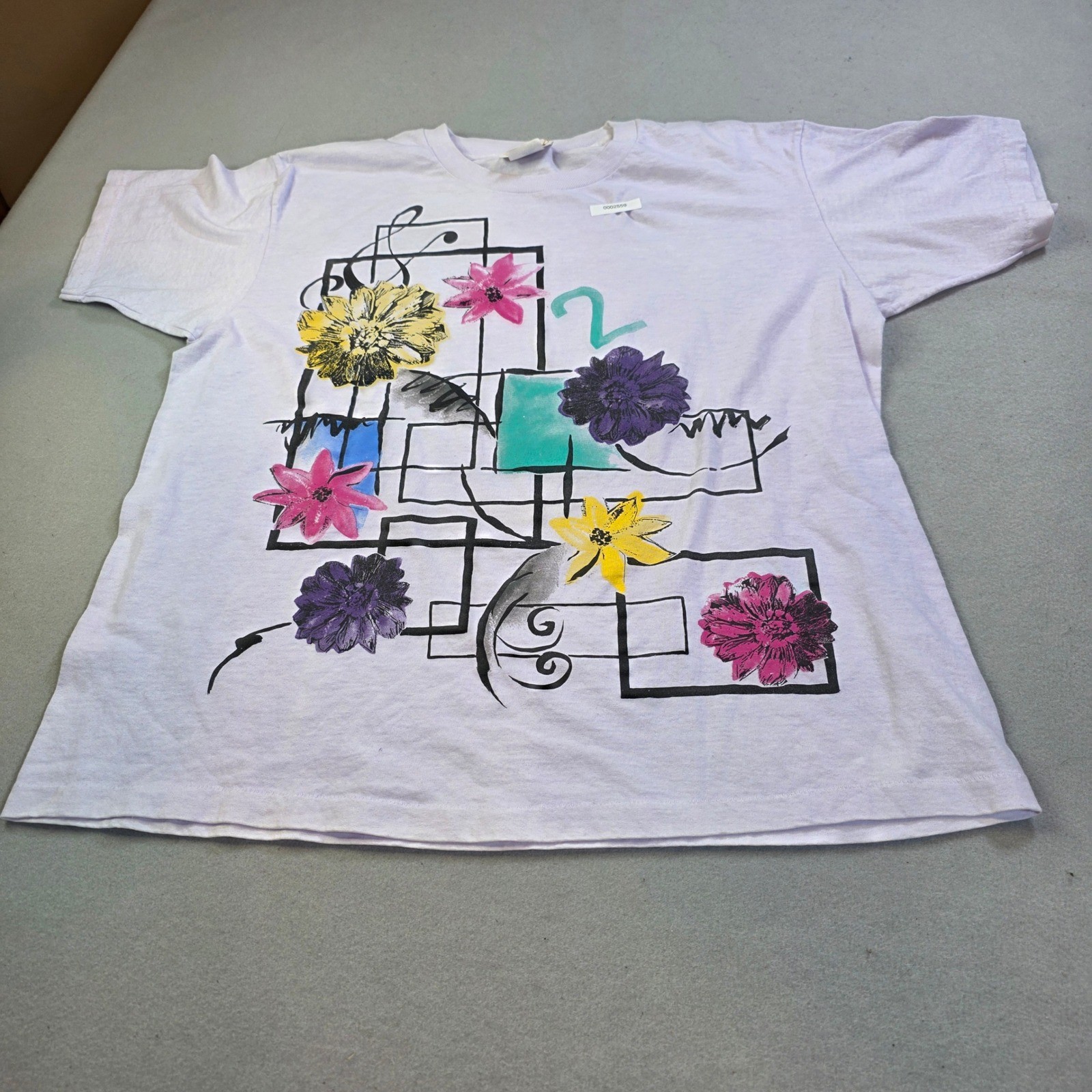 Vintage Kathy Ireland Active T Shirt Lavender Floral Graphic 80s 90s Made in USA