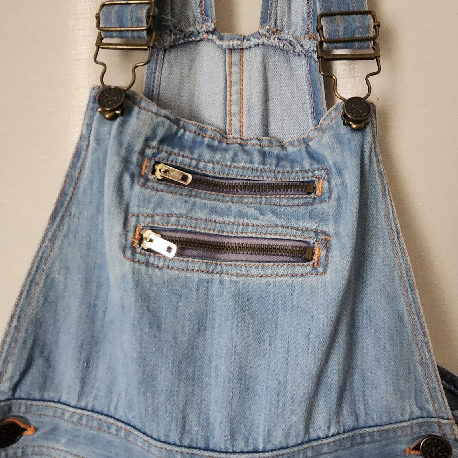 Vintage 70s 80s Jeans Romper XS Bib Overalls Shorts denim Orange Stitch X Small