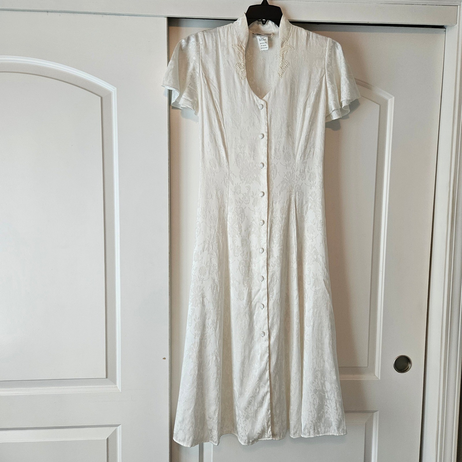 Vintage Benson Smith White Floral Maxi Dress Size 9 Jacquard Button Front Bridal