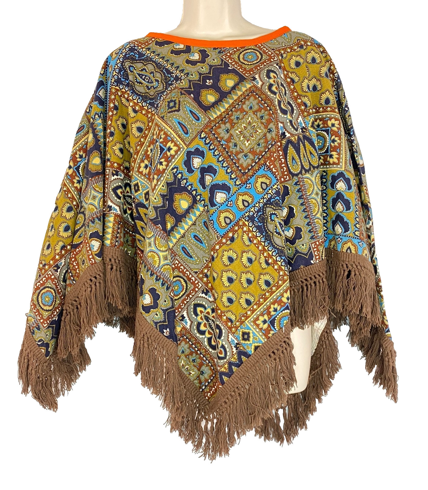 Vintage 1970s patchwork poncho OSFM pullover fringe brown blue mustard cotton